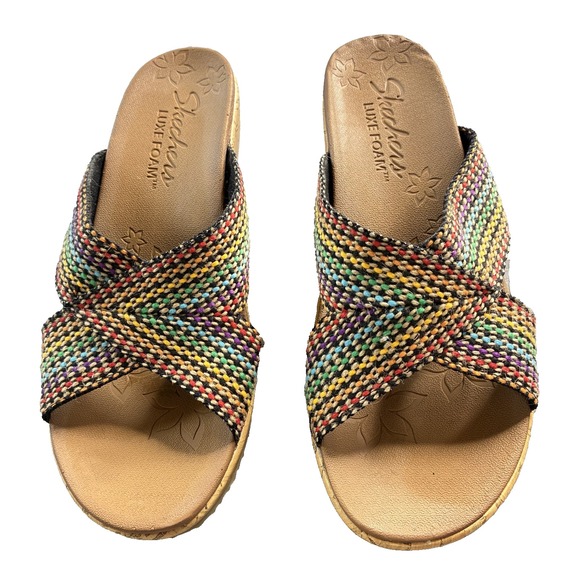 Skechers Women's "Beverlee" Luxe Foam Wedge Heel Multi Color Double Strap Sz 9 - Picture 1 of 16